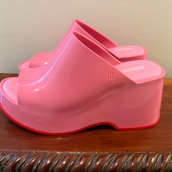 Melissa Patty Pink Platform Wedges Orange Trim from Free People Size 8 - Picture 1 of 12